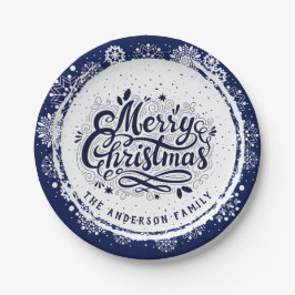 Plato De Papel Navy Blue & White Minimal Elegante Feliz Navidad