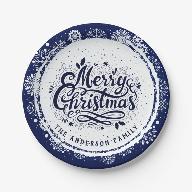 Plato De Papel Navy Blue & White Minimal Elegante Feliz Navidad (Anverso)