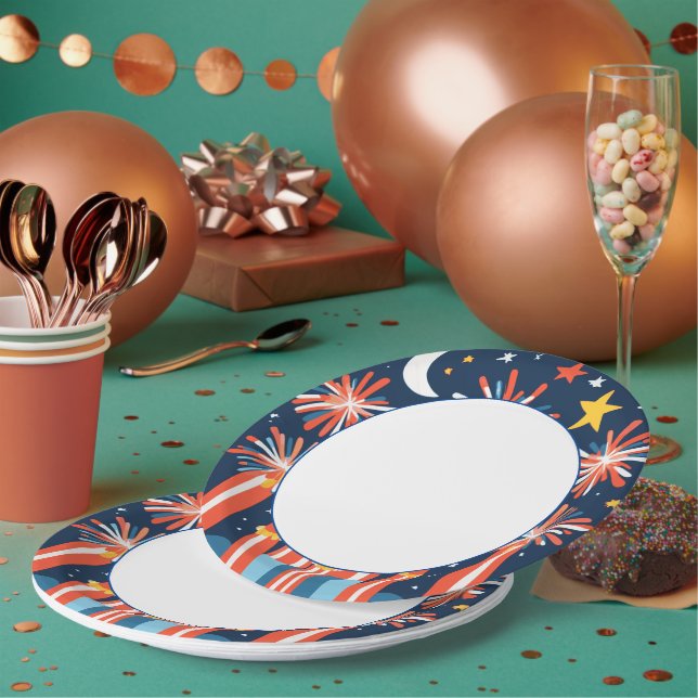 Plato De Papel Navy Blue with Minimalist Fireworks and Moon (Multi)