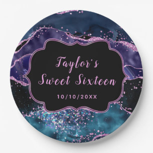 Plato De Papel Navy Blue y Ocean Agate Purple Dulces Dieciséis