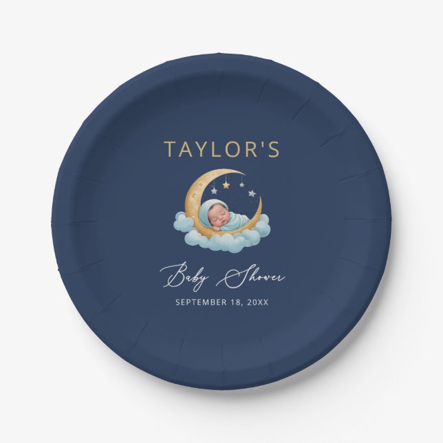 Plato De Papel Navy Celestial Moon Stars Baby Shower (Anverso)