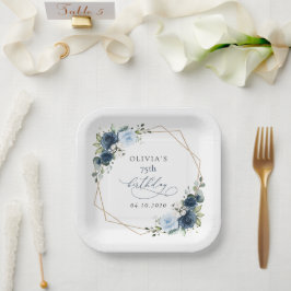 Plato De Papel Navy Flowers, Blue Flowers, Greenery, Birthday