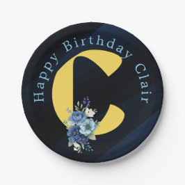 Plato De Papel Navy & Gold Floral Monogram Birthday