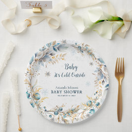 Plato De Papel Navy Gold Snowflake Its Cold Outside Baby Shower