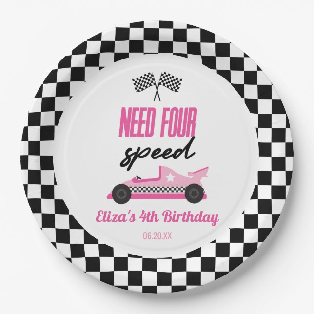 Plato De Papel Necesito un coche de carreras rosadas de cuatro ve (Anverso)