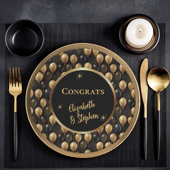 Plato De Papel Negra | Nombres de las felicitaciones a los globos (Elegant Black and Gold Faux Glitter Balloons Pattern A023 "Congrats" [Name(s)] Paper Plates)