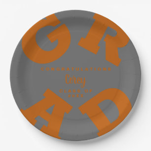 Plato De Papel Negrita Naranja quemado GRAD en graduación gris
