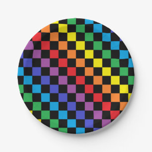 Plato De Papel Negro a cuadros del arco iris