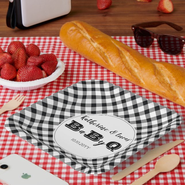 Plato De Papel Negro | Cheques blancos Bebé Q BBQ Shower (Picnic)