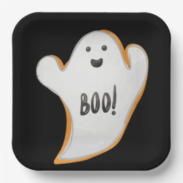 PLATO DE PAPEL NEGRO CON FANTASMA BLANCO Y NARANJA HALLOWEEN