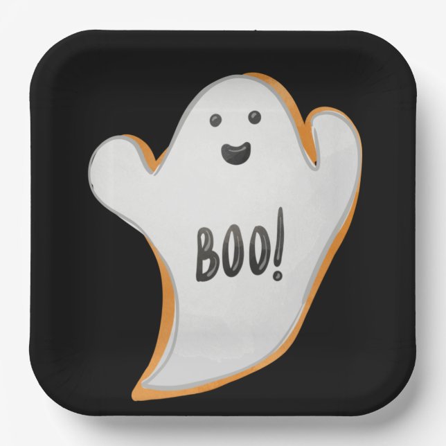 PLATO DE PAPEL NEGRO CON FANTASMA BLANCO Y NARANJA HALLOWEEN (Anverso)