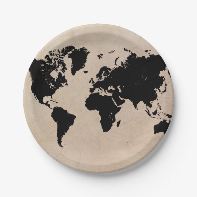 Plato De Papel negro del mapa del mundo (Anverso)