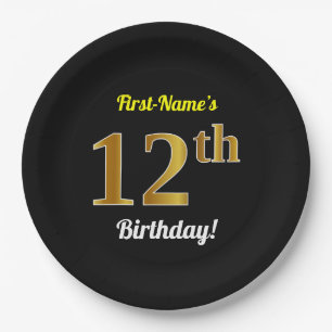 Plato De Papel Negro, Faux Gold 12 cumpleaños + Nombre personali