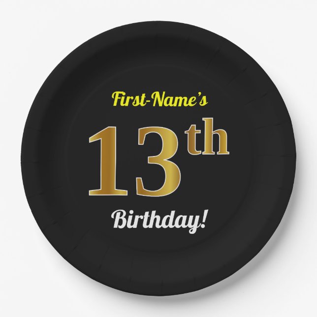 Plato De Papel Negro, Faux Gold 13 cumpleaños + Nombre personaliz (Anverso)