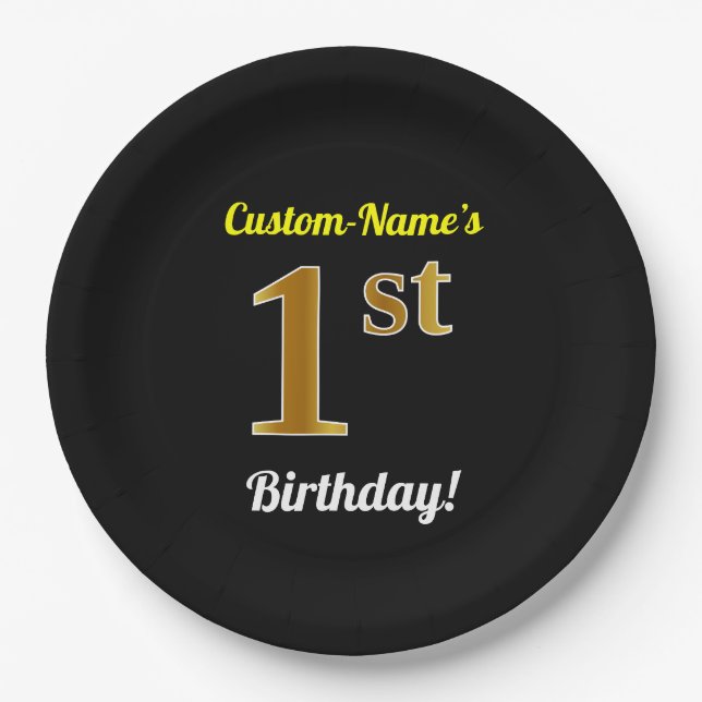 Plato De Papel Negro, Faux Gold 1er cumpleaños + Nombre personali (Anverso)