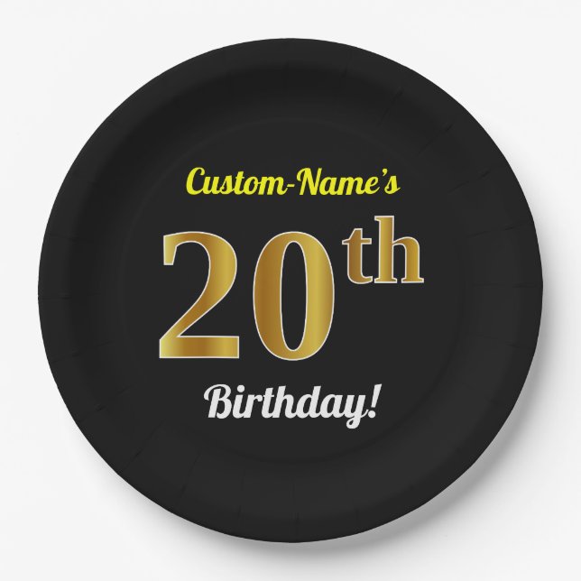 Plato De Papel Negro, Faux Gold 20 cumpleaños + Nombre personaliz (Anverso)