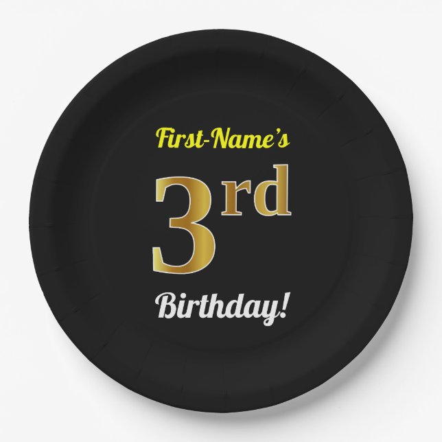 Plato De Papel Negro, Faux Gold 3º cumpleaños + Nombre personaliz (Anverso)