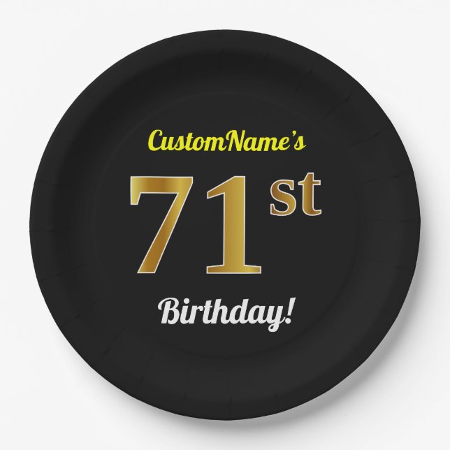 Plato De Papel Negro, Faux Gold 71st Birthday + Nombre personaliz (Anverso)