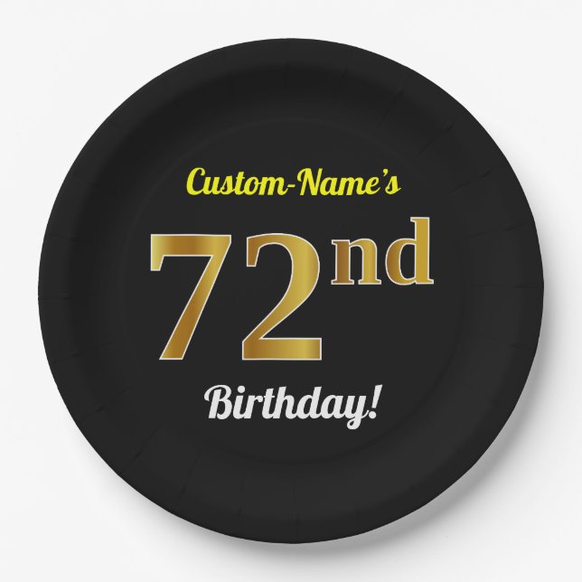 Plato De Papel Negro, Faux Gold 72nd Birthday + Nombre personaliz (Anverso)