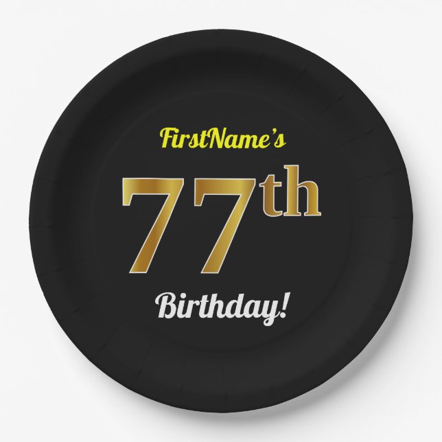 Plato De Papel Negro, Faux Gold 77th Birthday + Nombre personaliz (Anverso)