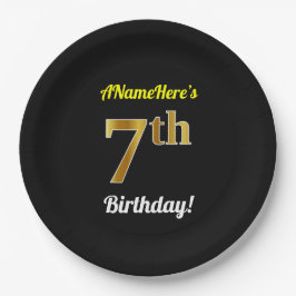 Plato De Papel Negro, Faux Gold 7Cumpleaños + Nombre Personalizad