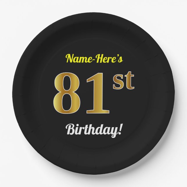 Plato De Papel Negro, Faux Gold 81st Birthday + Nombre personaliz (Anverso)