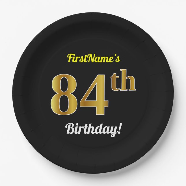 Plato De Papel Negro, Faux Gold 84th Birthday + Nombre personaliz (Anverso)