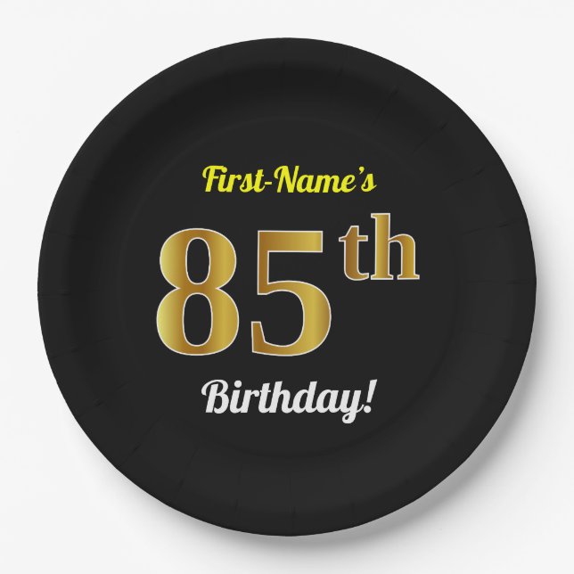 Plato De Papel Negro, Faux Gold 85th Birthday + Nombre personaliz (Anverso)