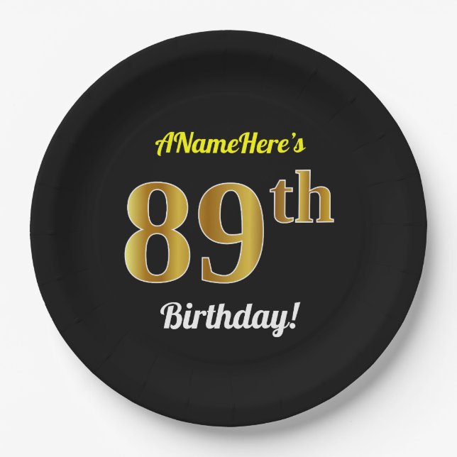 Plato De Papel Negro, Faux Gold 89th Birthday + Nombre personaliz (Anverso)