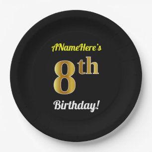 Plato De Papel Negro, Faux Gold 8vo cumpleaños + nombre personal