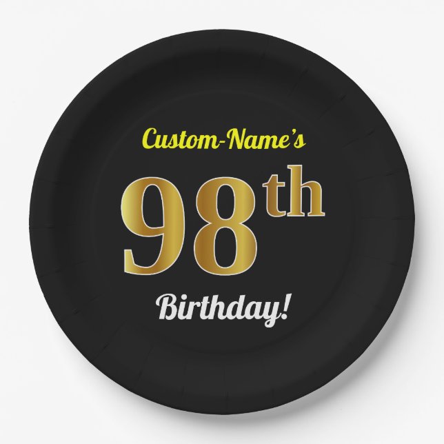 Plato De Papel Negro, Faux Gold 98 cumpleaños + Nombre personaliz (Anverso)
