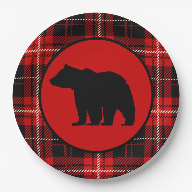 Plato De Papel Negro Oso Rojo Negro Placa (Anverso)