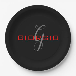 Plato De Papel Negro Rojo su nombre Monograma inicial moderno