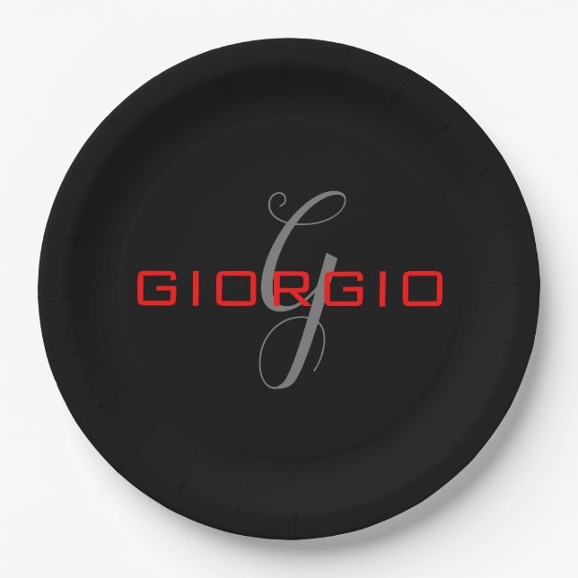 Plato De Papel Negro Rojo su nombre Monograma inicial moderno (Anverso)