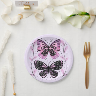 Plato De Papel Negro, rosa, mariposas púrpura