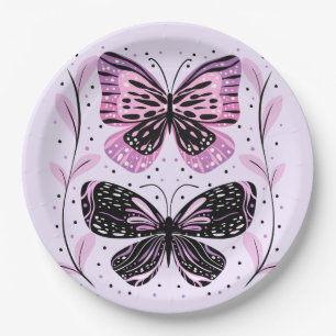 Plato De Papel Negro, rosa, mariposas púrpura