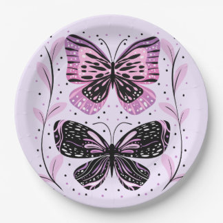 Plato De Papel Negro, rosa, mariposas púrpura