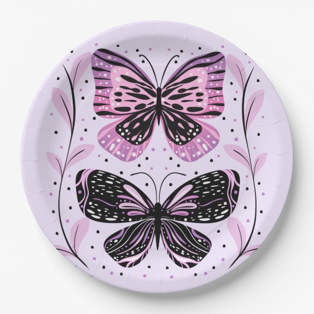 Plato De Papel Negro, rosa, mariposas púrpura (Anverso)