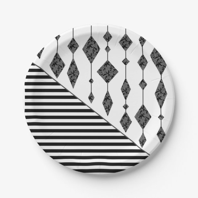 Plato De Papel Negro y blanco, abstracto, geométrico, simple, esc (Anverso)
