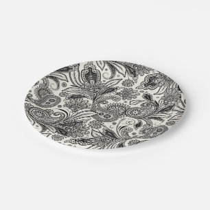 Plato De Papel Negro y blanco con estampado de paisley