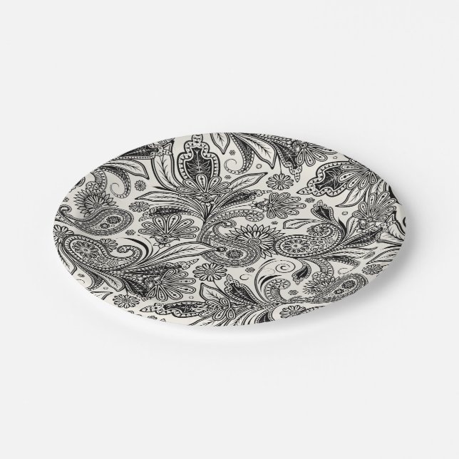 Plato De Papel Negro y blanco con estampado de paisley (Angular)