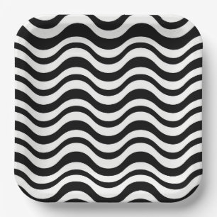 Plato De Papel Negro y Blanco Ondulado Abstracto en Negrita