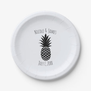 Plato De Papel Negro y Blanco Tropical Piña Elegante Chic