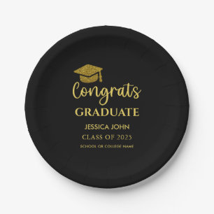 Plato De Papel Negro y Dorado Felicitaciones Graduado Graduación