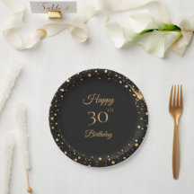 Plato de papel negro y dorado para cumpleaños 30 C