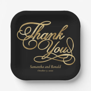 Plato De Papel Negro y Relieve metalizado dorado Gracias Boda de
