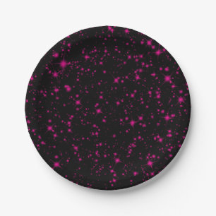 Plato De Papel Negro y rosa caliente con destellos brillantes est