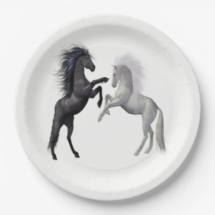 Plato De Papel Negro y un caballo blanco que pelean