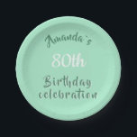 Plato De Papel Neo Mint 80th Birthday Party<br><div class="desc">Moderno guión Neo Mint 80th Birthday Party Plate. 80.ª fiesta de cumpleaños. Platos fiestas con escritura y fondo neonormenta moderno. Personalízalo con tu nombre y edad. Puede cambiar cualquier texto de la placa.</div>