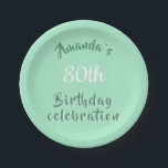 Plato De Papel Neo Mint 80th Birthday Party<br><div class="desc">Moderno guión Neo Mint 80th Birthday Party Plate. 80.ª fiesta de cumpleaños. Platos fiestas con escritura y fondo neonormenta moderno. Personalízalo con tu nombre y edad. Puede cambiar cualquier texto de la placa.</div>